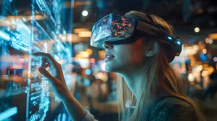 Obraz premium Woman Using Virtual Reality Technology in Modern Setting