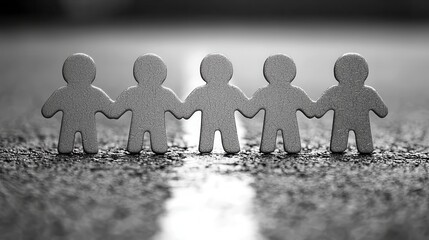 Unity figures, black and white, paper cutouts, standing on textured ground, casting shadows, symbolizing community and teamwork
