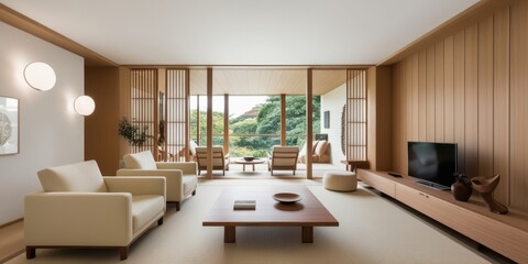 Modern minimalist lounge, warm wood paneling, white armchairs, round pendant lights, floor-to-ceiling windows, natural light, cozy interior design, neutral color palette, clean lines, contemporary fur