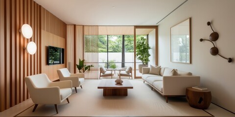 Fototapeta premium Modern minimalist living room, warm beige tones, vertical wood slat wall, sleek furniture, round pendant lights, large windows, natural light, coffee table, armchairs, cozy atmosphere, contemporary de