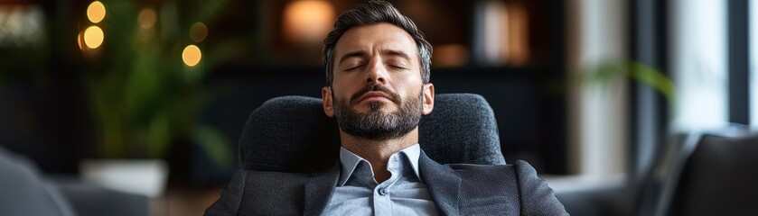 Office nap man relaxes, eyes closed, suit expression calm, background blurred, soft lighting, green plant visible.