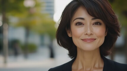 Obraz premium 春を抱きしめる：屋外で生き生きとした表情を浮かべる自信に満ちた中年女性