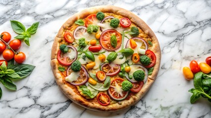 to view of veggie pizza on marble Background