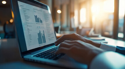 A well-lit modern office with a business professional customizing a report template on a laptop, the screen showing a range of design options and data fields