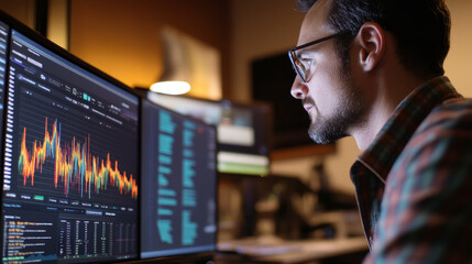 An analyst using predictive analytics software on a computer, with a line graph predicting future trends visible on the monitor