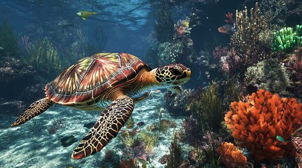 Obraz premium Turtle swimming in vibrant coral reef