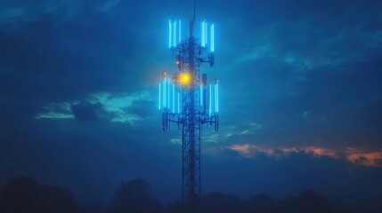 Telecommunication cell tower with multiple antenna, glowing blue digital