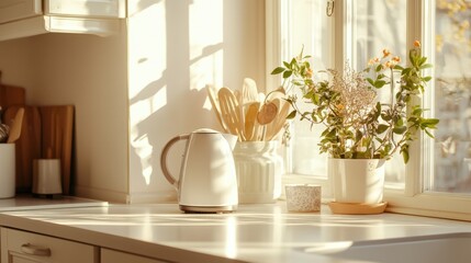 White electric kettle on a clean counter, with sunlight creating a warm, inviting atmosphere in a modern kitchen.