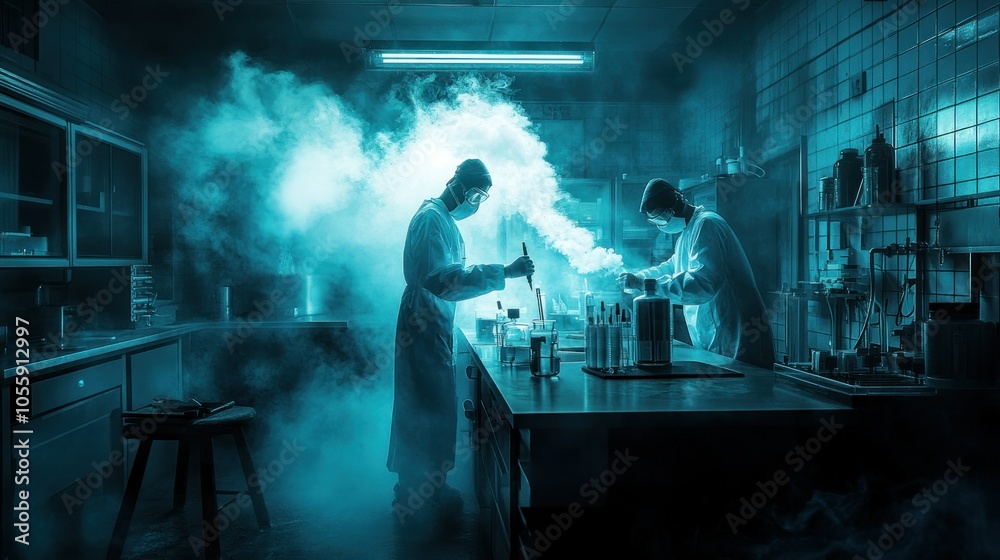 Poster two scientists in hazmat suits working in a smoky laboratory