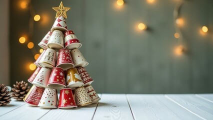 Festive Christmas tree made from stacked paper cups with festive patterns topped with gold star. Christmas decor, winter seasonal celebration. New Year tree made from Eco-friendly recyclable products