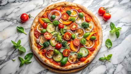 to view of veggie pizza on marble Background