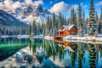 Obraz premium Beautiful view of Lake with snow covered and wooden lodge glowing in rocky mountains and pine forest on winter