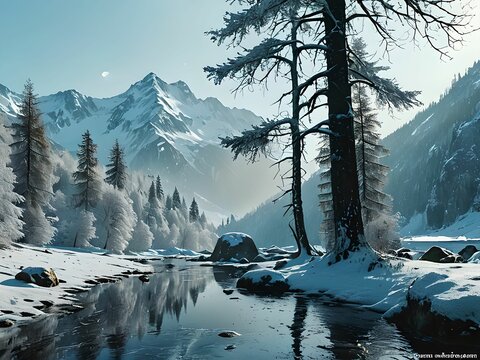 wallpaper representing a landscape of snowy mountains. Schene reflecting the beauty of the mountain in winter.
