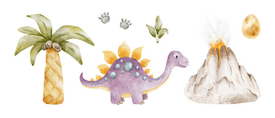 Set of stegosaurus, Erupting volcano, Palm trees, footprints, eggs. Isolated hand drawn watercolor illustrations of dinos. Clipart of cute purple dinosaurs for children's baby shower cards © Fedulova_art
