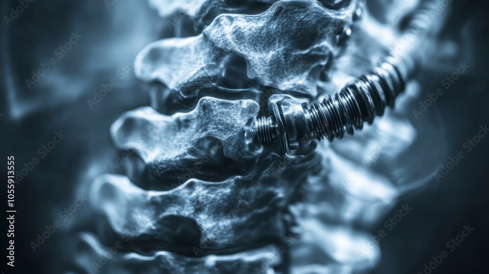 Poster a close-up view showcases a human spine featuring intricate mechanical elements, highlighting the fu