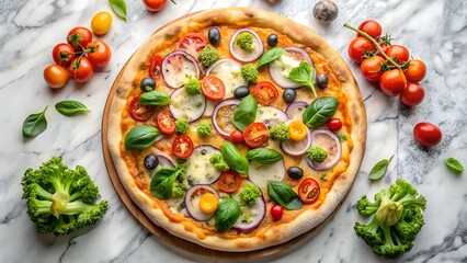 to view of veggie pizza on marble Background