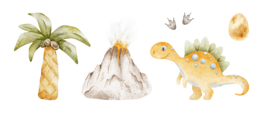 Set of Centrosaurus, Erupting volcano, Palm trees, footprints, eggs. Isolated hand drawn watercolor illustrations of dinos. Clipart of cute orange dinosaurs for children's baby shower cards
