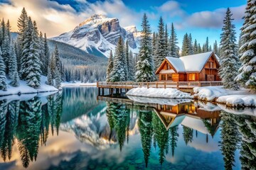 Fototapeta premium Beautiful view of Lake with snow covered and wooden lodge glowing in rocky mountains and pine forest on winter