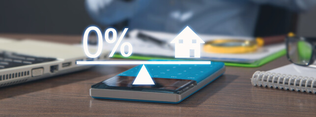 Zero percent symbol and house model on scales. Real estate