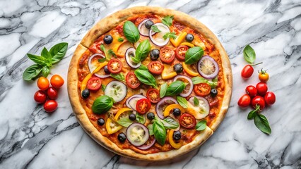 to view of veggie pizza on marble Background