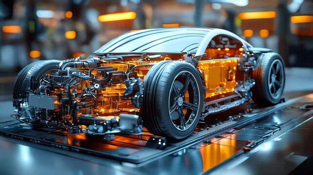 A transparent wireframe design of a futuristic electric car, illuminated with glowing orange details