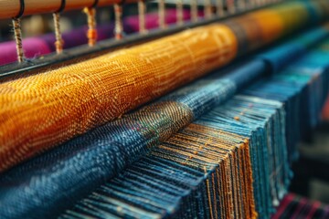 A row of colorful yarns are being woven together