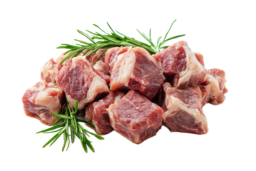 Goat meat cubes, prepared for stew, isolated on white