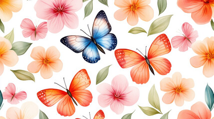 Colorful butterflies and flowers create vibrant, cheerful pattern. This watercolor design features various butterflies and blossoms, evoking sense of nature beauty and tranquility