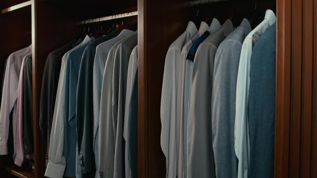 Row of neatly hung shirts in various colors displayed in wooden closet in menswear store