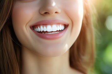 Fototapeta premium Close-up of young woman with glowing smile, white teeth, fresh outdoor background