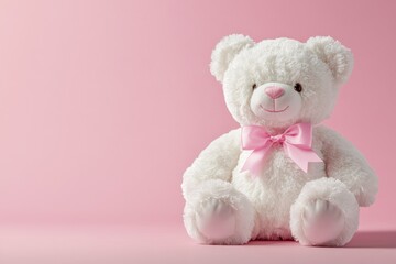 Cute White Teddy Bear on Soft Pink Background