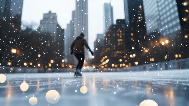 Skater Gliding Through City Rink Surrounded by Twinkling Lights