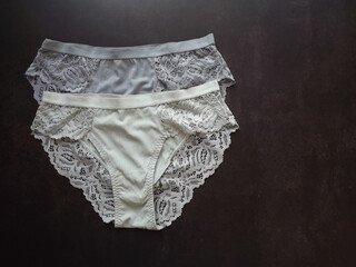 A pair of women's guipure panties on a black background