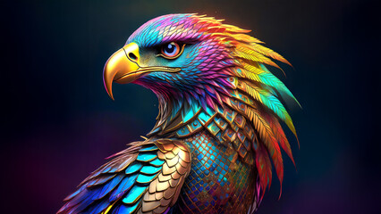 Fototapeta premium Vibrant AI-generated image of a colorful eagle in full flight, showcasing vivid hues and majestic details. Perfect for captivating nature-themed websites and digital art collections.