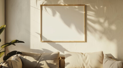 Mock up, empty, blank, Ground level, front view, picture frame mock up , above a sofa , muted tones , retro style photo nostalgic and very hazy 35mm, leather, natural sunlight 