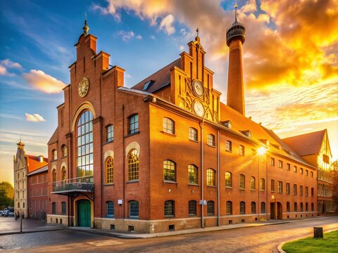 Radeberger Brewery Building with Illuminated Logo in Documentary Style Photography