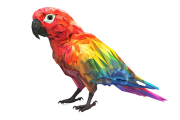 Obraz premium Low-poly parrot with glowing rainbow patterns on its wings and tail, on a white background