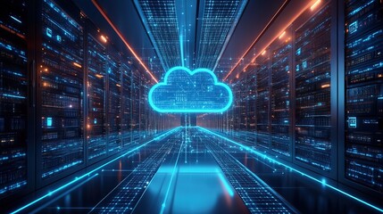 Fototapeta premium Modern cloud computing concept with servers and laptops connected