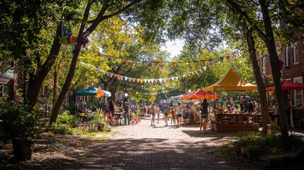 A small neighborhood block party with families gathered on a sunny street, kids playing games, and adults chatting by food stalls. String lights and colorful bunting are hung between trees, 