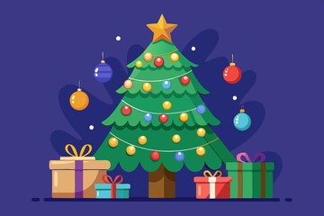 Naklejka premium Illustration of a decorated Christmas tree with gifts on a dark blue background