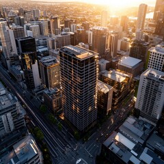 Obraz premium Stunning Aerial View of a Cityscape at Sunset Urban Life and Architecture in Harmony