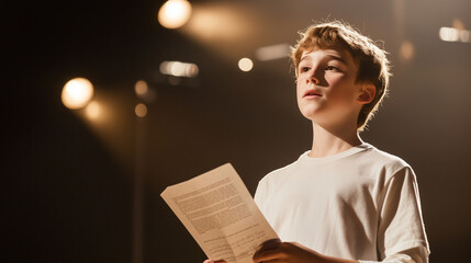 Young Actor Rehearsing with Script Under Warm Theater Lights