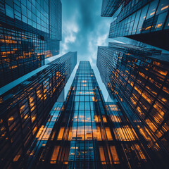 Modern skyscrapers reflect evening sky, showcasing sharp lines and vibrant lights. architectural beauty creates stunning urban landscape that captivates viewer