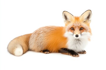 A beautiful red fox resting gracefully, showcasing its vibrant orange fur and distinctive features against a clean white background.