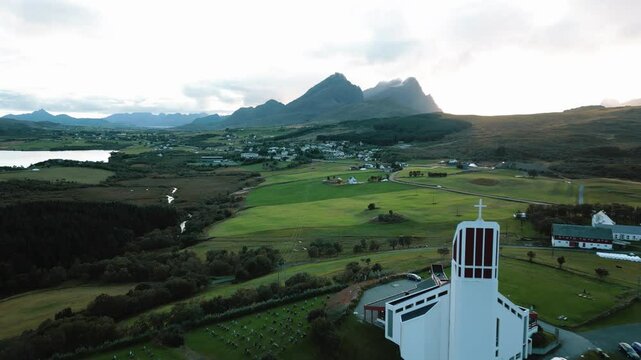 Panoramic drone view of Borge church inlofoten islands, Norway