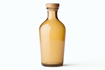 A clear glass bottle with a wooden cork, showcasing a light amber liquid inside, perfect for beverage or ingredient use.