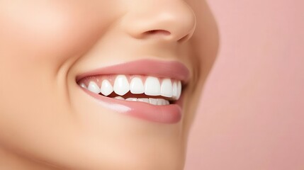 Fototapeta premium Side view of woman s bright smile, white teeth, calm background, gentle elegance