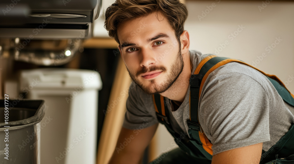 Wall mural young plumber working on home plumbing maintenance under the sink