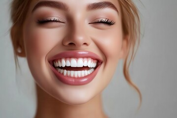 Woman laughing with perfect white teeth, natural makeup, candid happiness