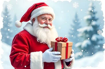 Santa Claus holding a gift box. Winter card. 